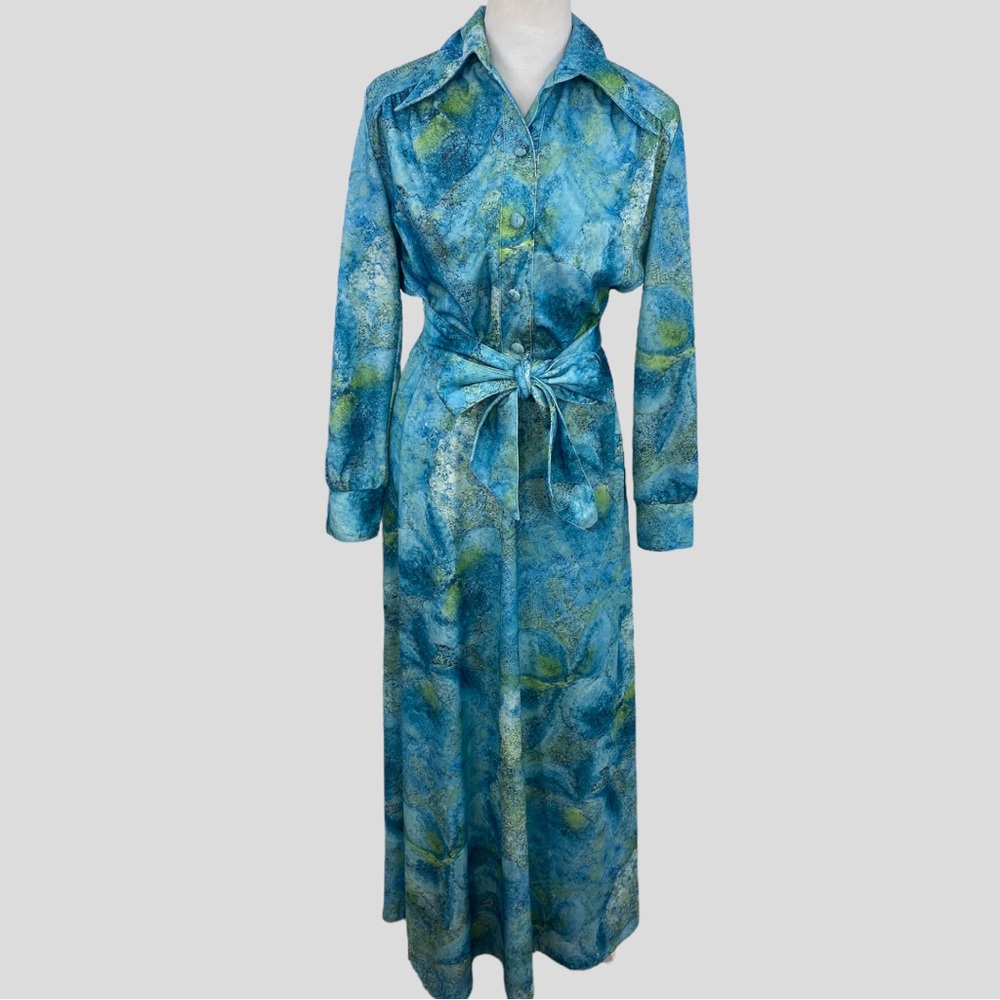 Vintage Blue Green Abstract Watercolor Belted Maxi Shirt Dress